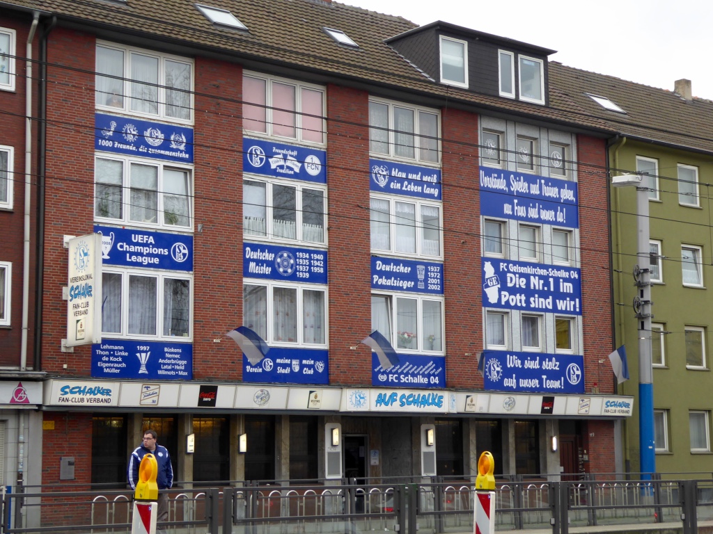 Building on the Schalker Meile draped in Schalke 04 flags